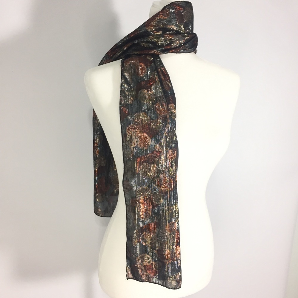 Vintage Scarf Metallic Silver Gold Copper Black Warm Fall Colors - Picture 7 of 13